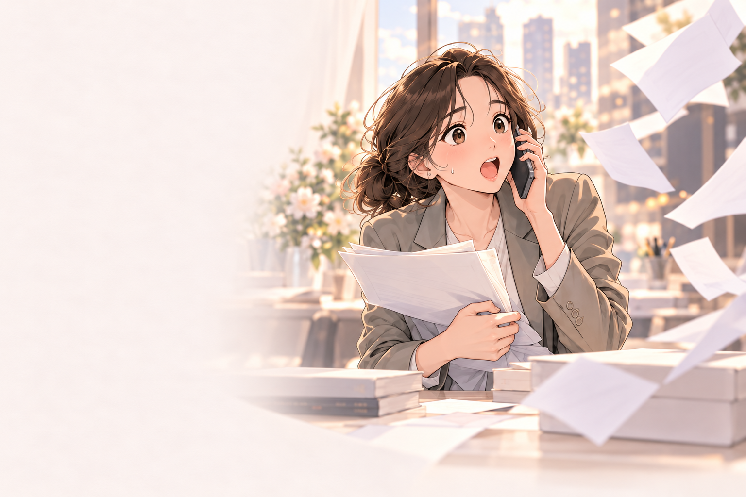 전화로 요청을 받으며 여러 준비 노트를 안고 있는 같은 플래너의 바쁜 아침.