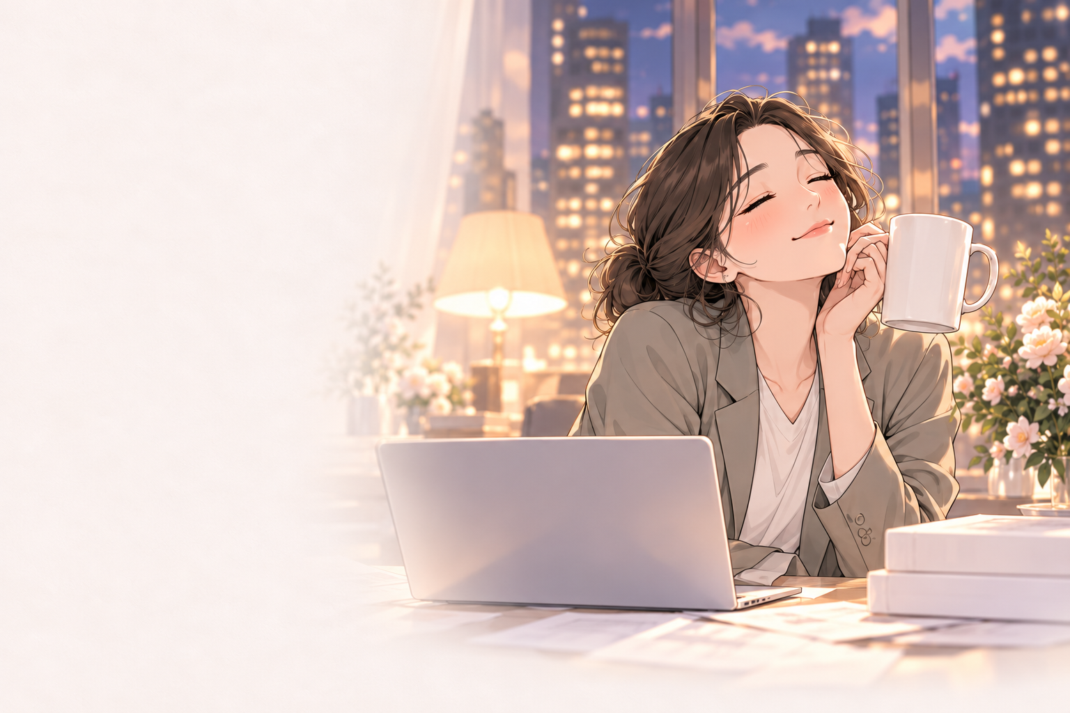 저녁 창가에서 머그잔을 들고 미소 짓는 플래너. 하루를 마무리하는 장면.