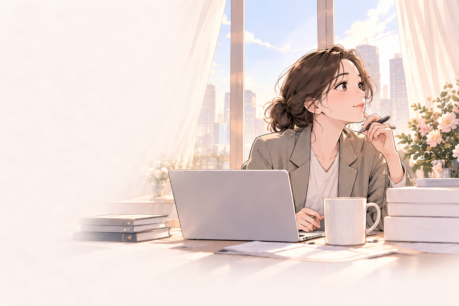 아침 햇살이 드는 스튜디오에서 오늘의 웨딩 준비를 생각하는 플래너.